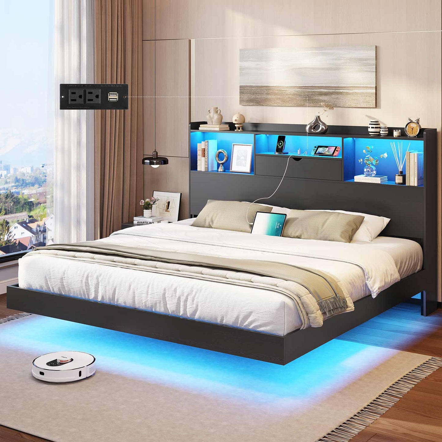 King Floating Bed Frame with LED Lights and Headboard Storage Black