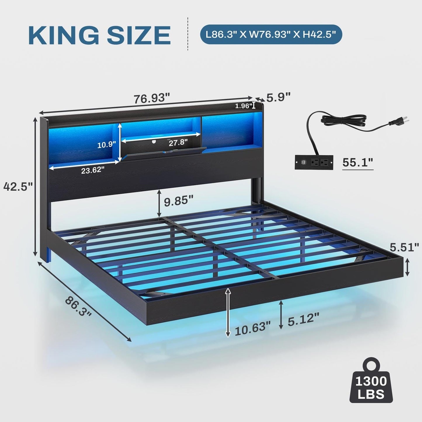 King Floating Bed Frame with LED Lights and Headboard Storage Black