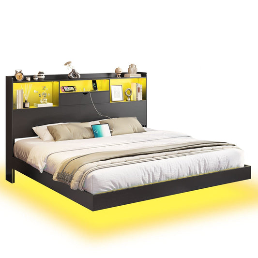King Floating Bed Frame with LED Lights and Headboard Storage Black