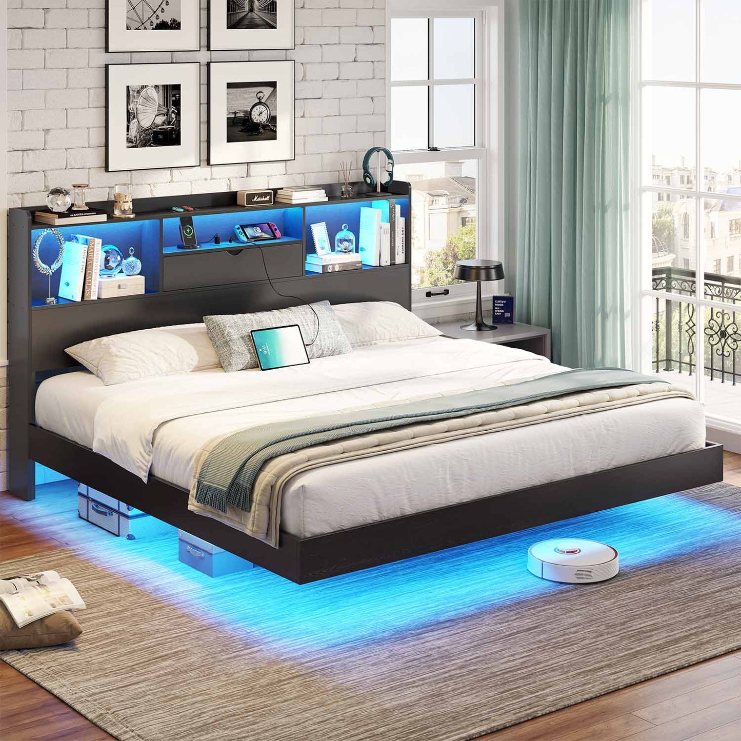 King Floating Bed Frame with LED Lights and Headboard Storage Black