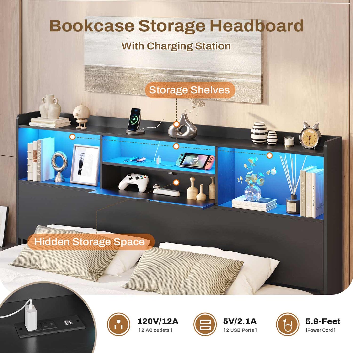 King Floating Bed Frame with LED Lights and Headboard Storage Black