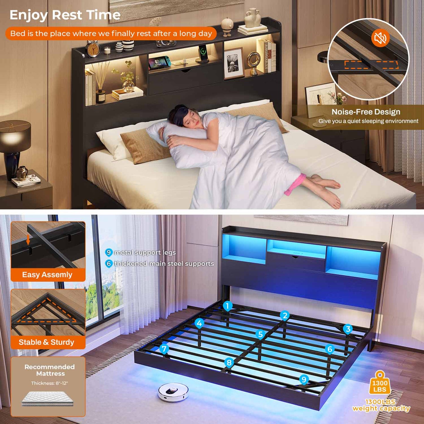 King Floating Bed Frame with LED Lights and Headboard Storage Black