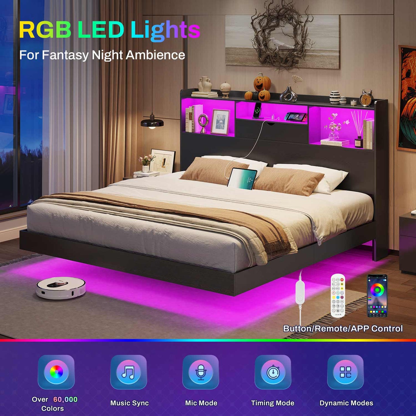 King Floating Bed Frame with LED Lights and Headboard Storage Black