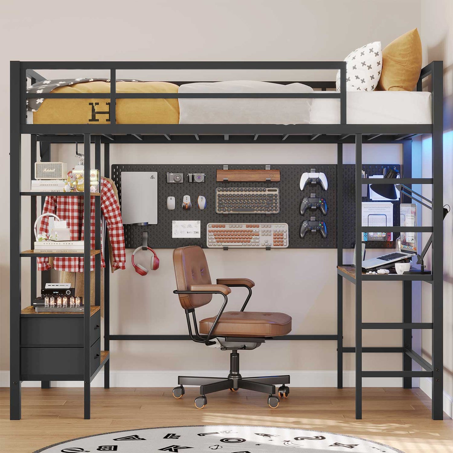 Twin LED Loft Bed Frame with Desk Charging Station Black