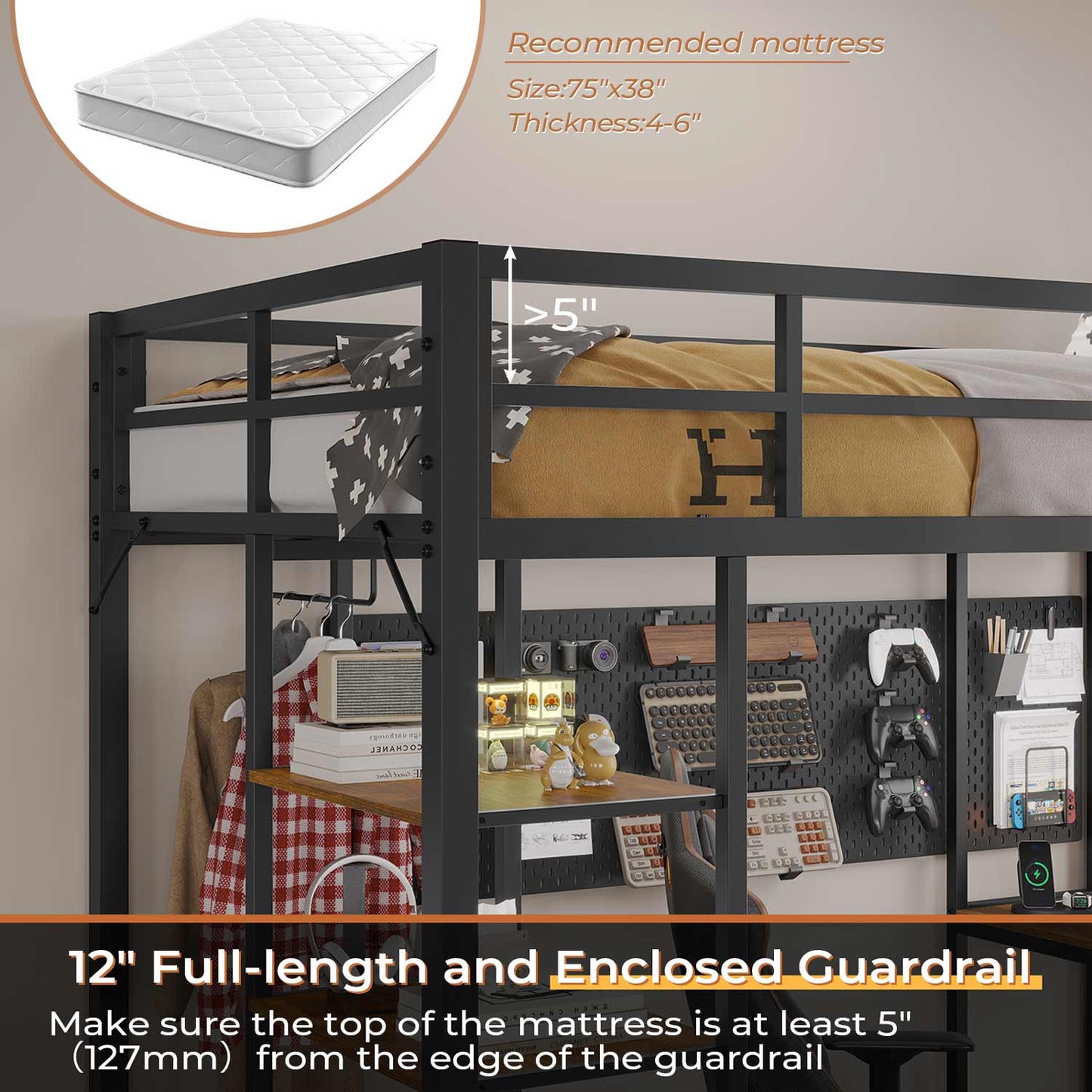 Twin LED Loft Bed Frame with Desk Charging Station Black