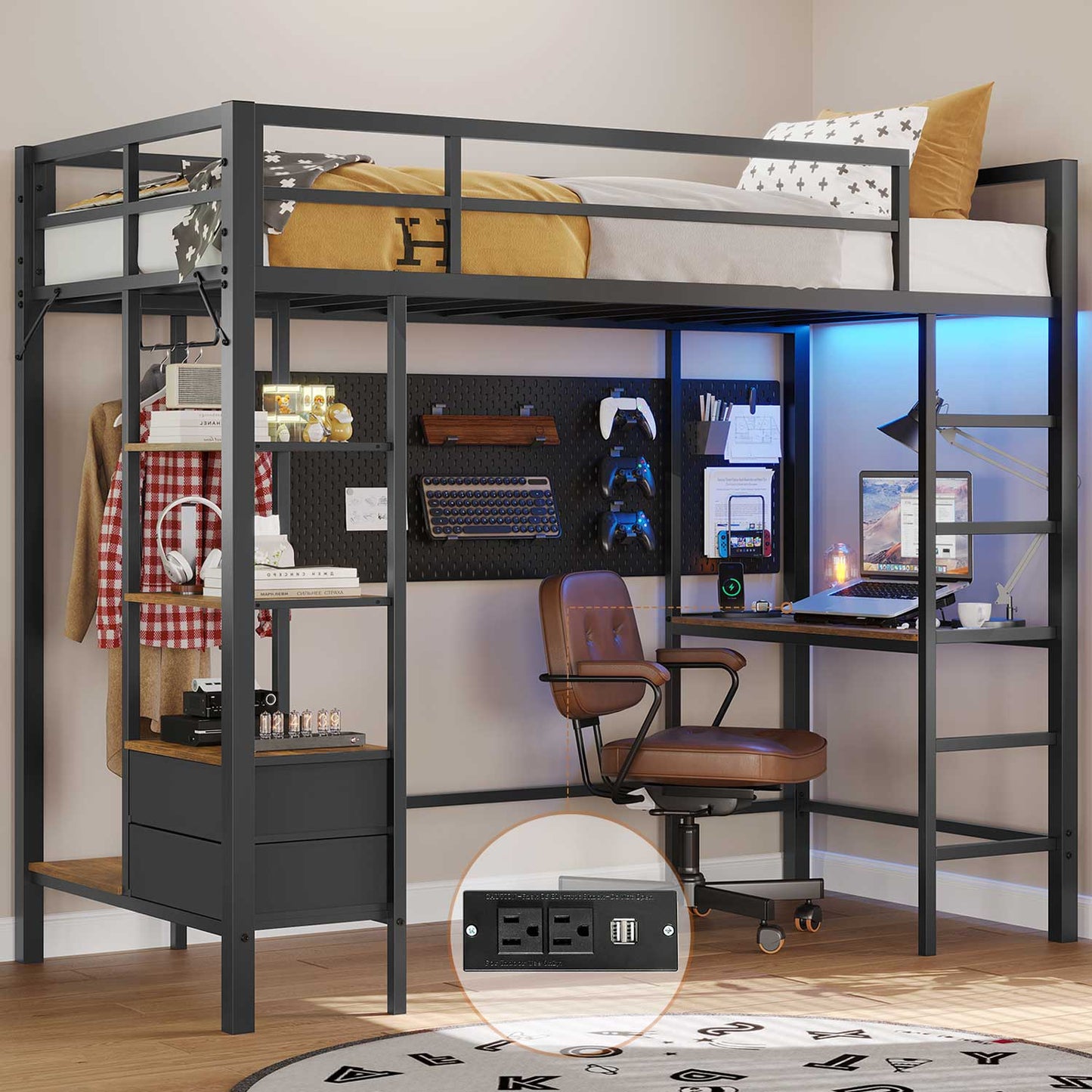 Twin LED Loft Bed Frame with Desk Charging Station Black