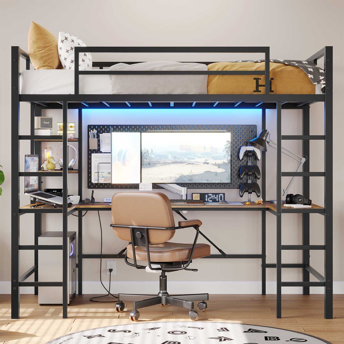 LED Twin Size Metal Loft Bed Frame with U Shaped Desk Black