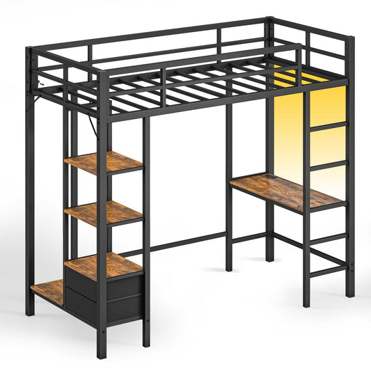 Twin LED Loft Bed Frame with Desk Charging Station Black