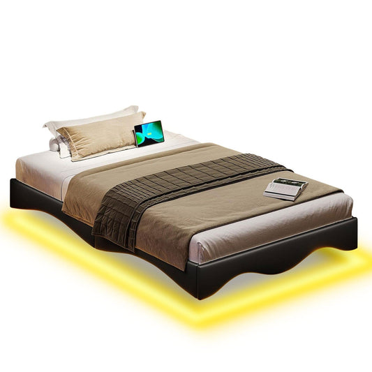 Twin Size Floating Bed Frame with LED Lights and Type-C & USB Port Black