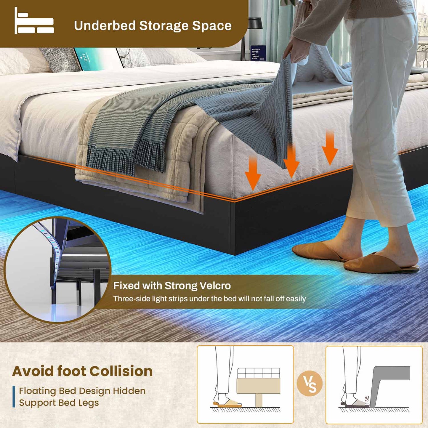 Queen Floating Bed Frame with LED Lights and Headboard Storage Black