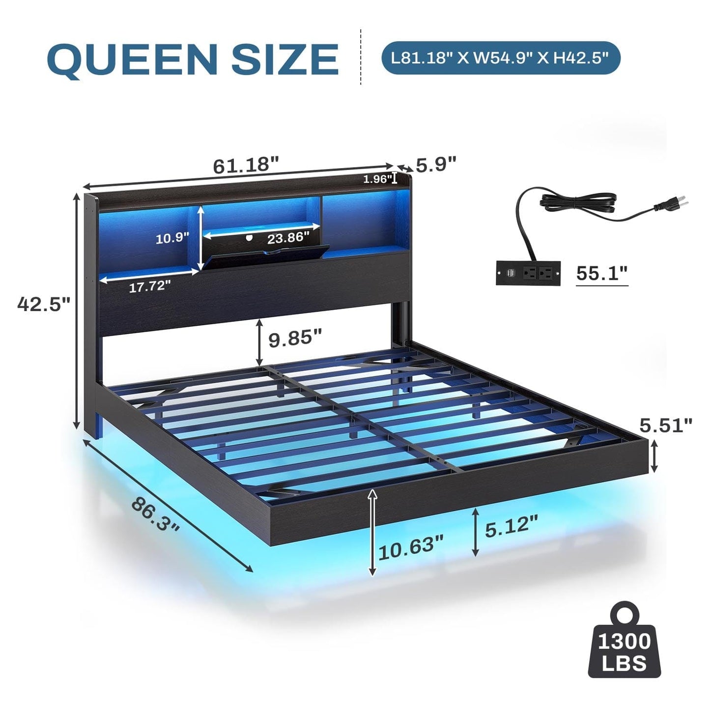 Queen Floating Bed Frame with LED Lights and Headboard Storage Black