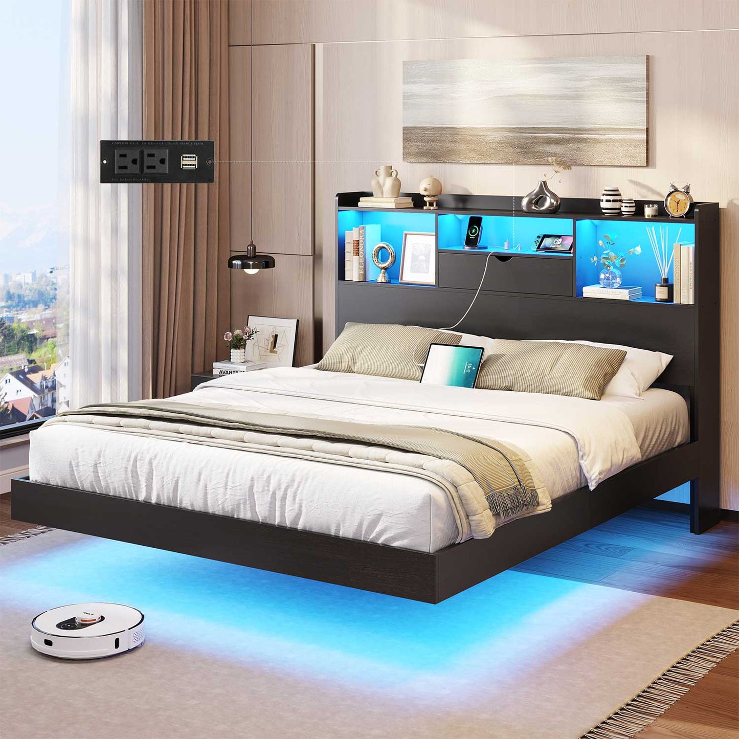 Queen Floating Bed Frame with LED Lights and Headboard Storage Black