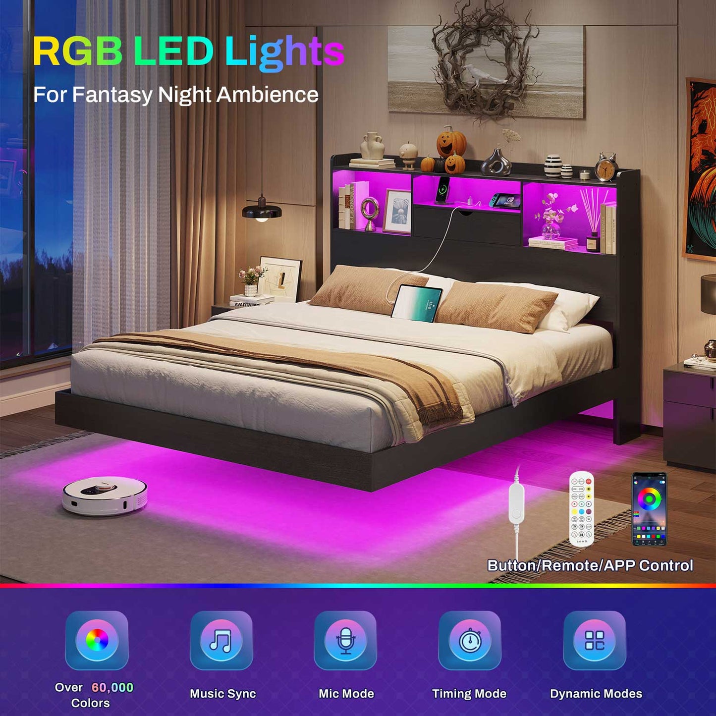 Queen Floating Bed Frame with LED Lights and Headboard Storage Black