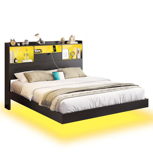 Queen Floating Bed Frame with LED Lights and Headboard Storage Black