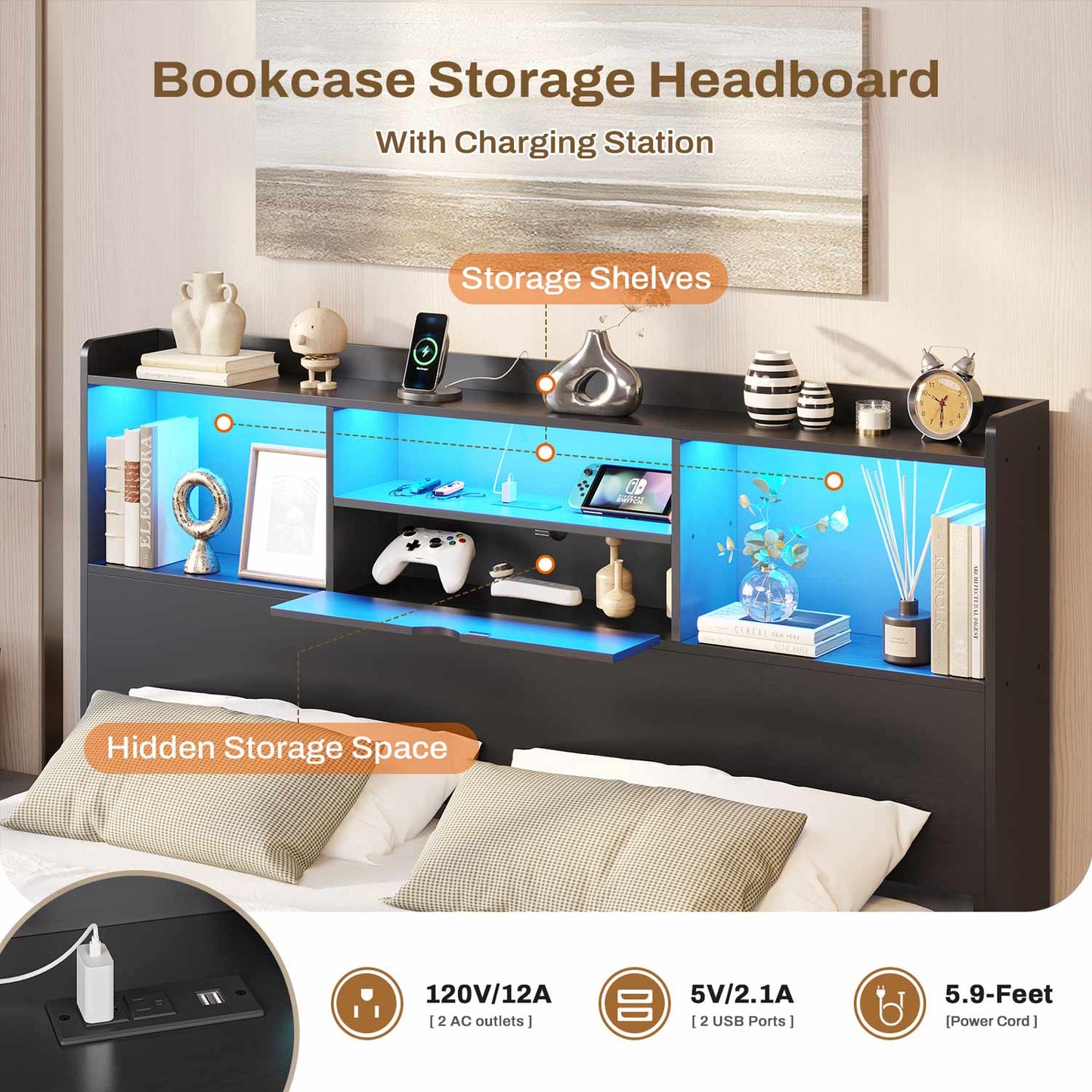 Queen Floating Bed Frame with LED Lights and Headboard Storage Black