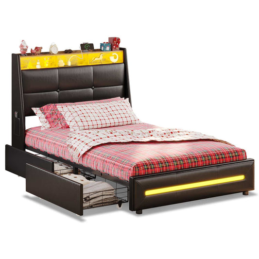 Twin Size LED Bed Frame with 4 Storage Drawers Black