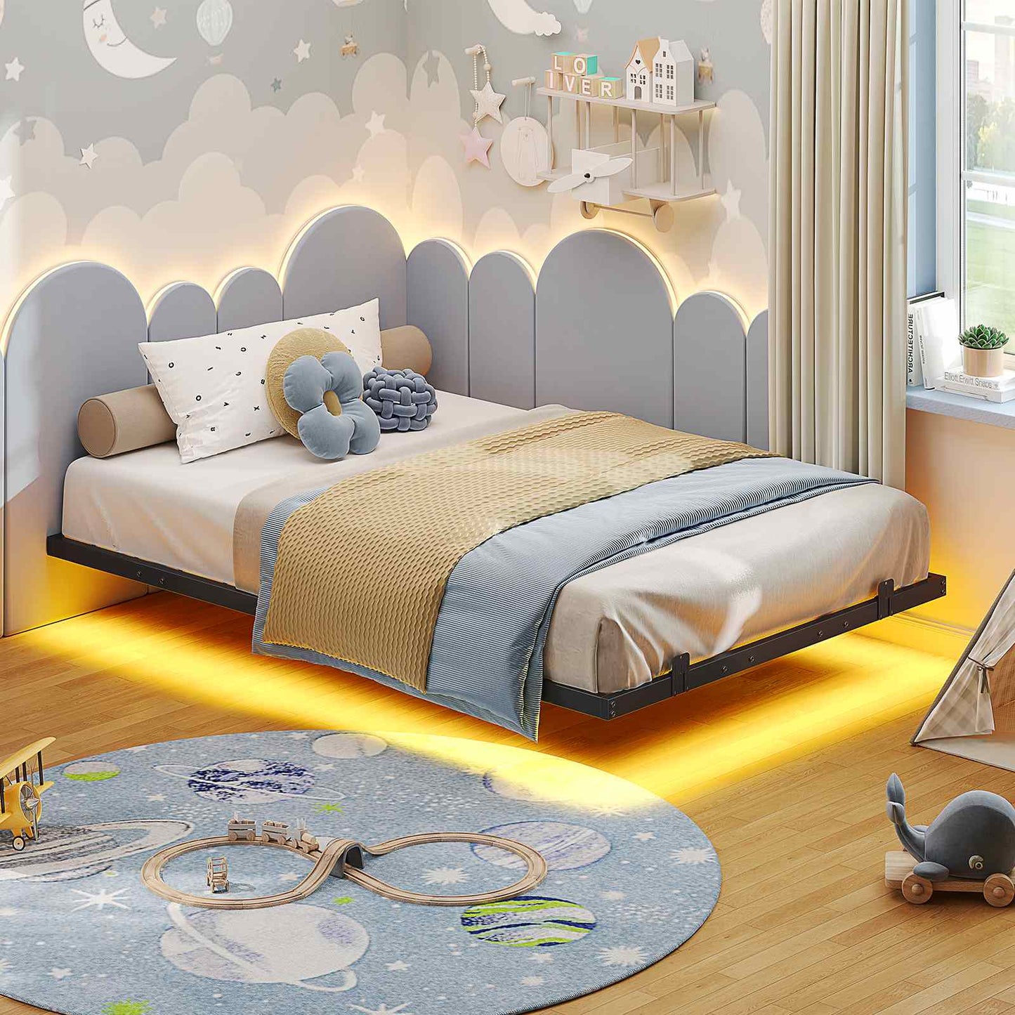 Floating Metal Bed Frame with LED Lights Black
