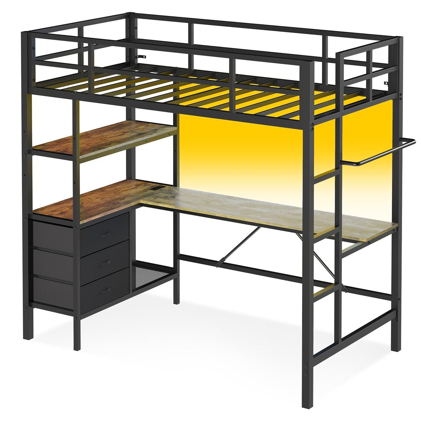 LED Metal Twin Size Loft Bed Frame with L Shaped Desk Black
