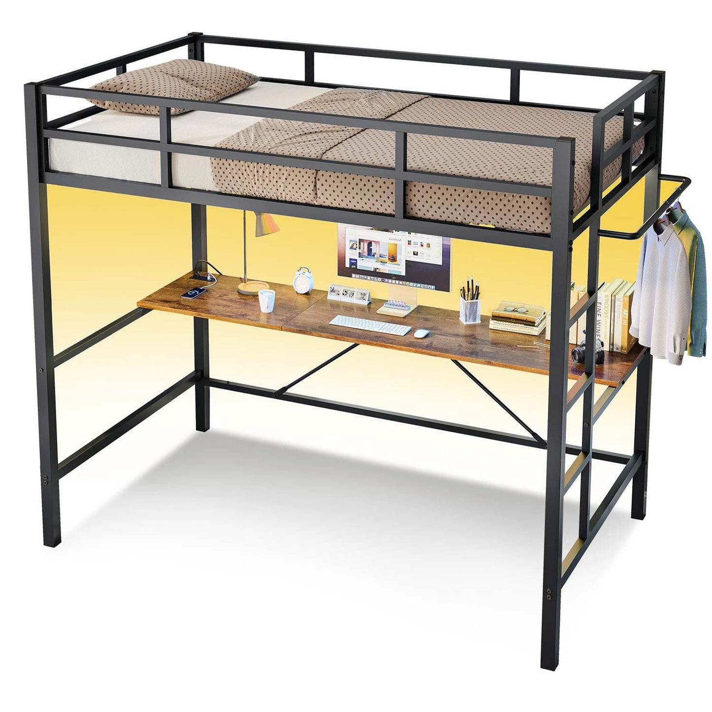 Twin Size LED Loft Bed Frame with Desk Black