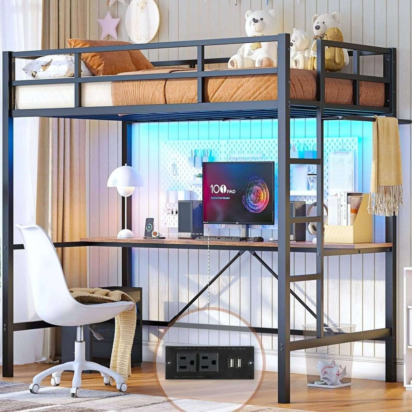 Twin Size LED Loft Bed Frame with Desk Black