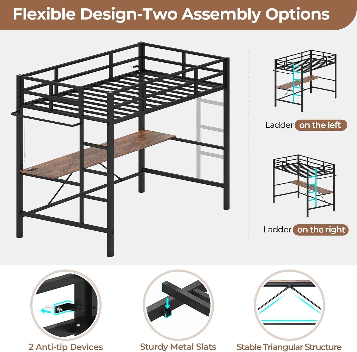 Twin Size LED Loft Bed Frame with Desk Black