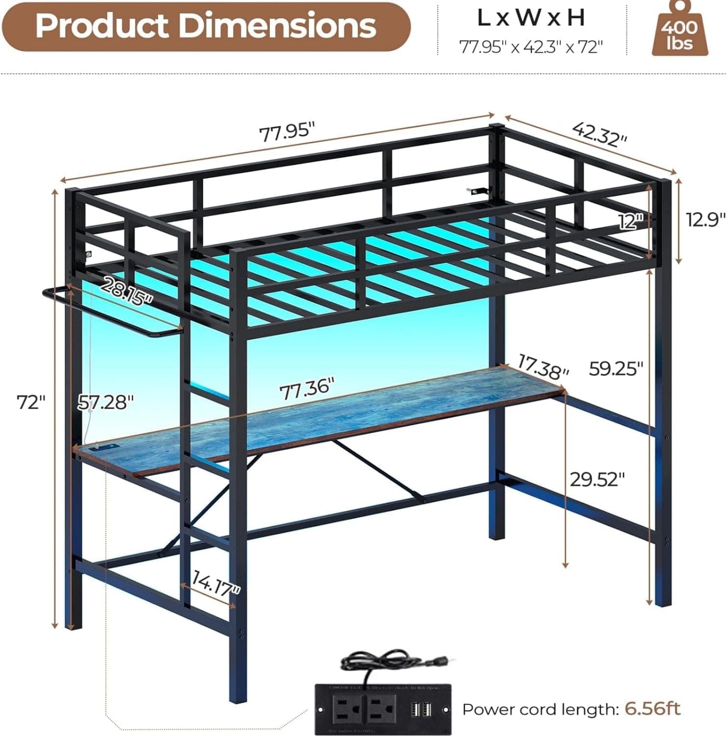 Twin Size LED Loft Bed Frame with Desk Black