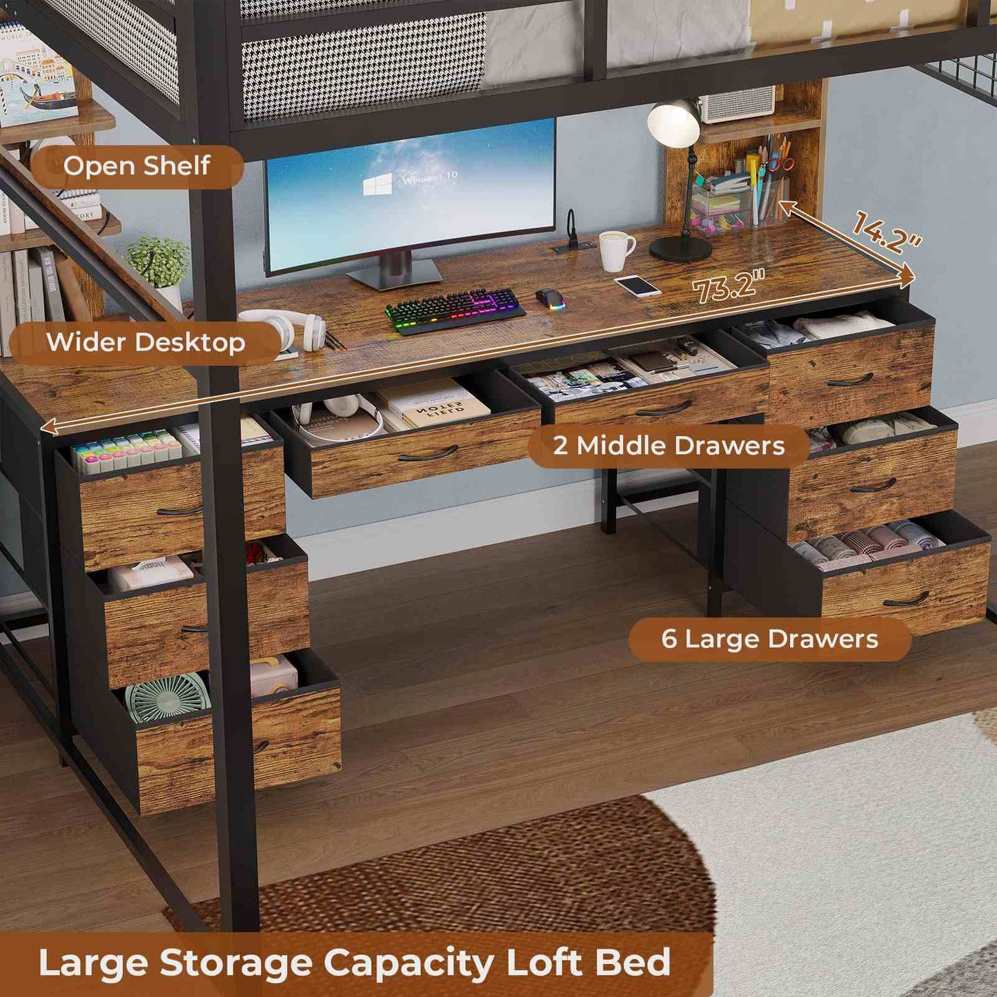 Full Size LED Loft Bed Frame with L-Shaped Desk Brown