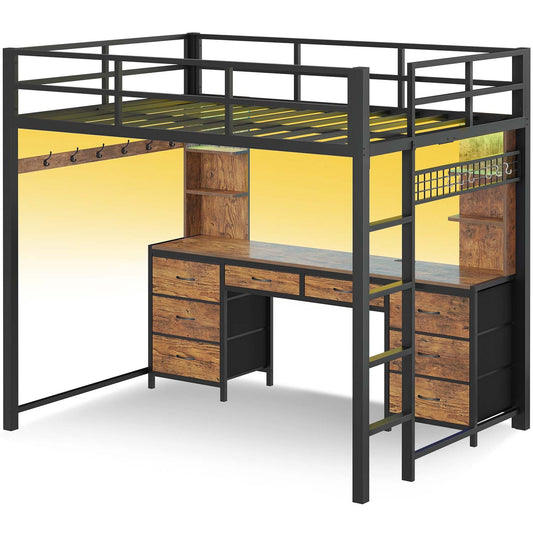 Full Size LED Loft Bed Frame with L-Shaped Desk Brown