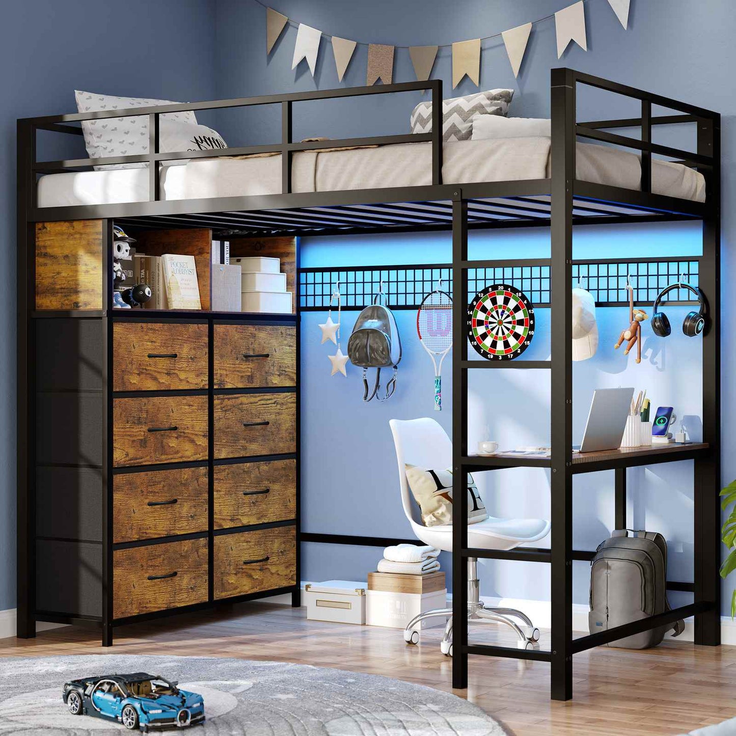 Twin Size LED Loft Bed Frame with Desk and 8 Drawers Brown