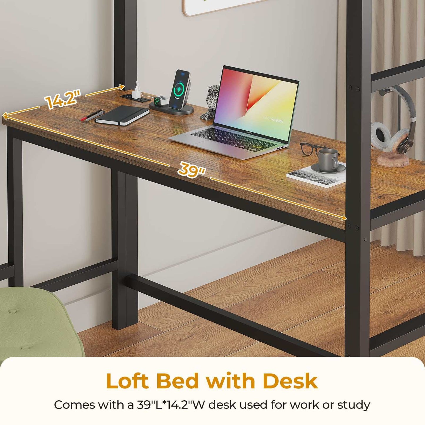 Twin Size LED Loft Bed Frame with Desk and 8 Drawers Brown