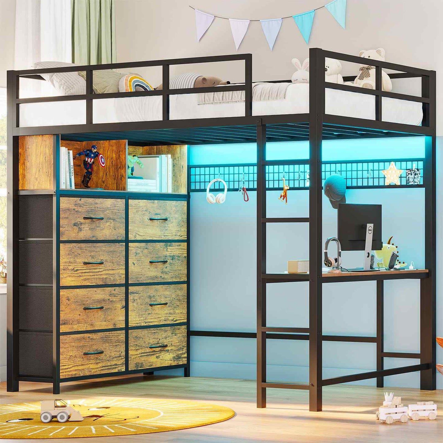 Twin Size LED Loft Bed Frame with Desk and 8 Drawers Brown