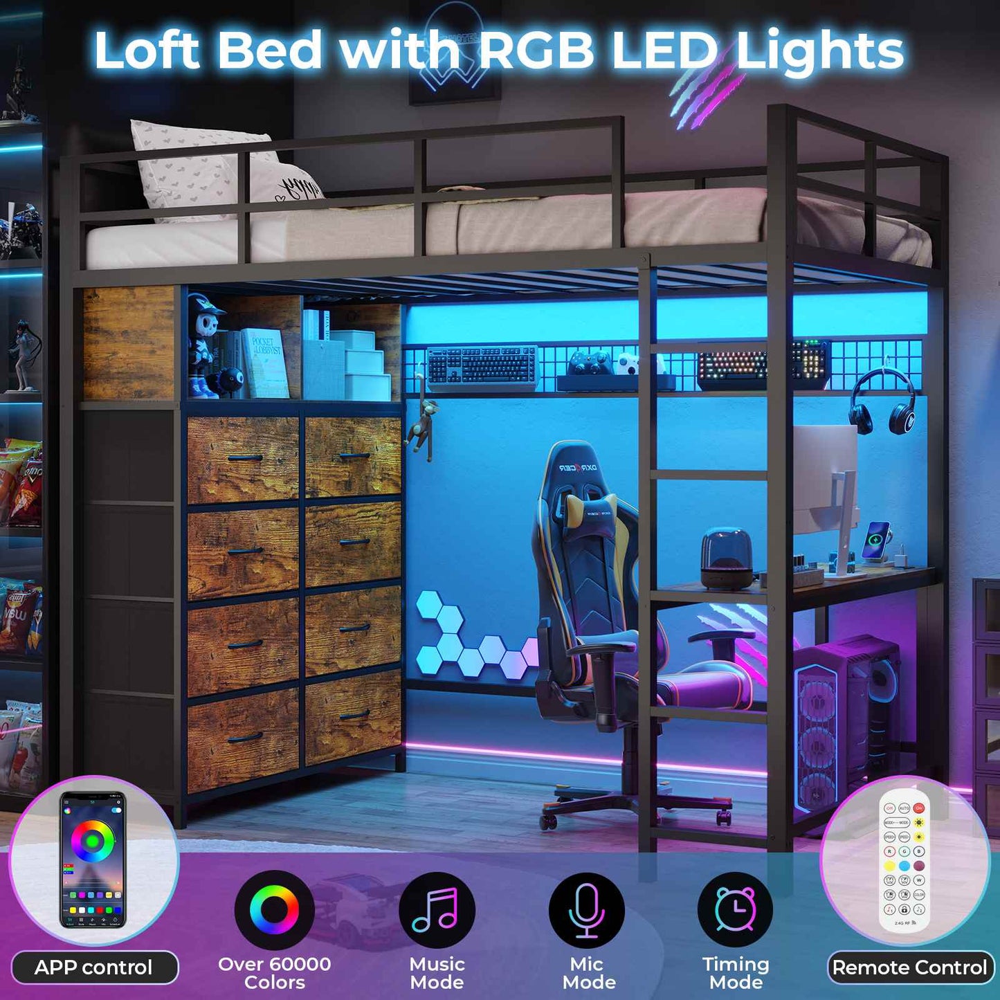 Twin Size LED Loft Bed Frame with Desk and 8 Drawers Brown