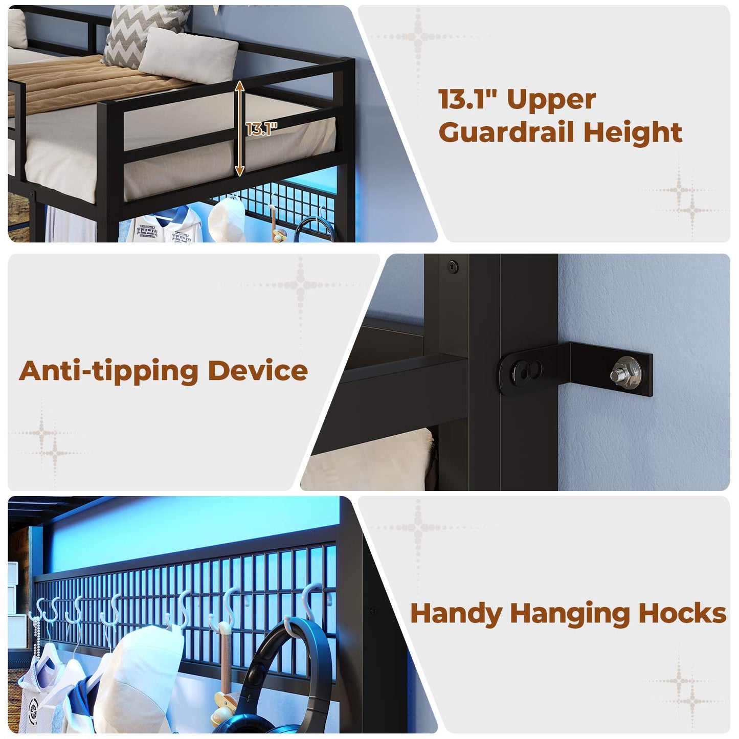 Twin Size LED Loft Bed Frame with Desk and 8 Drawers Brown
