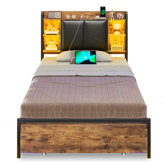 Twin Size LED Bed Frame with Storage Headboard Black