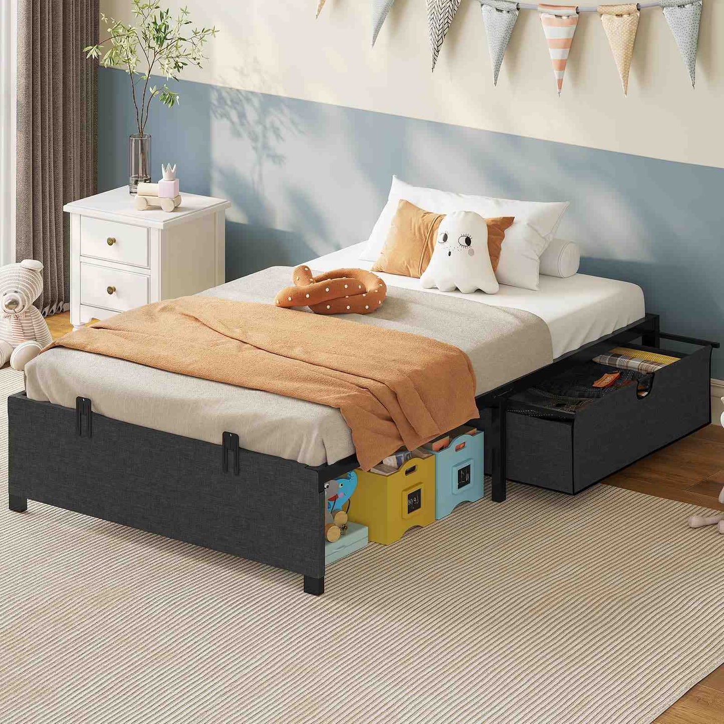 Twin Size Oxford Fabric Bed Frame with 2 Drawers Dark Grey