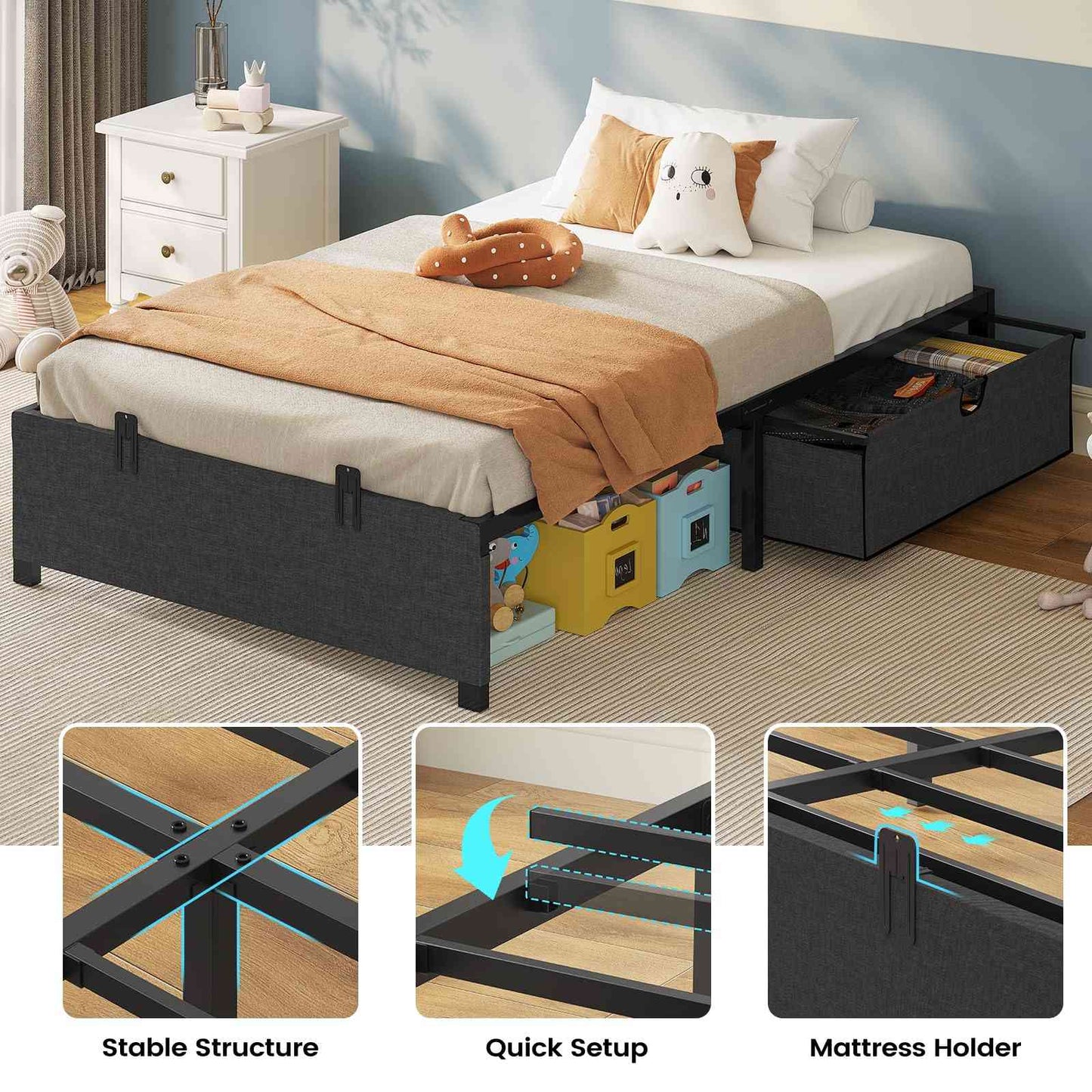 Twin Size Oxford Fabric Bed Frame with 2 Drawers Dark Grey