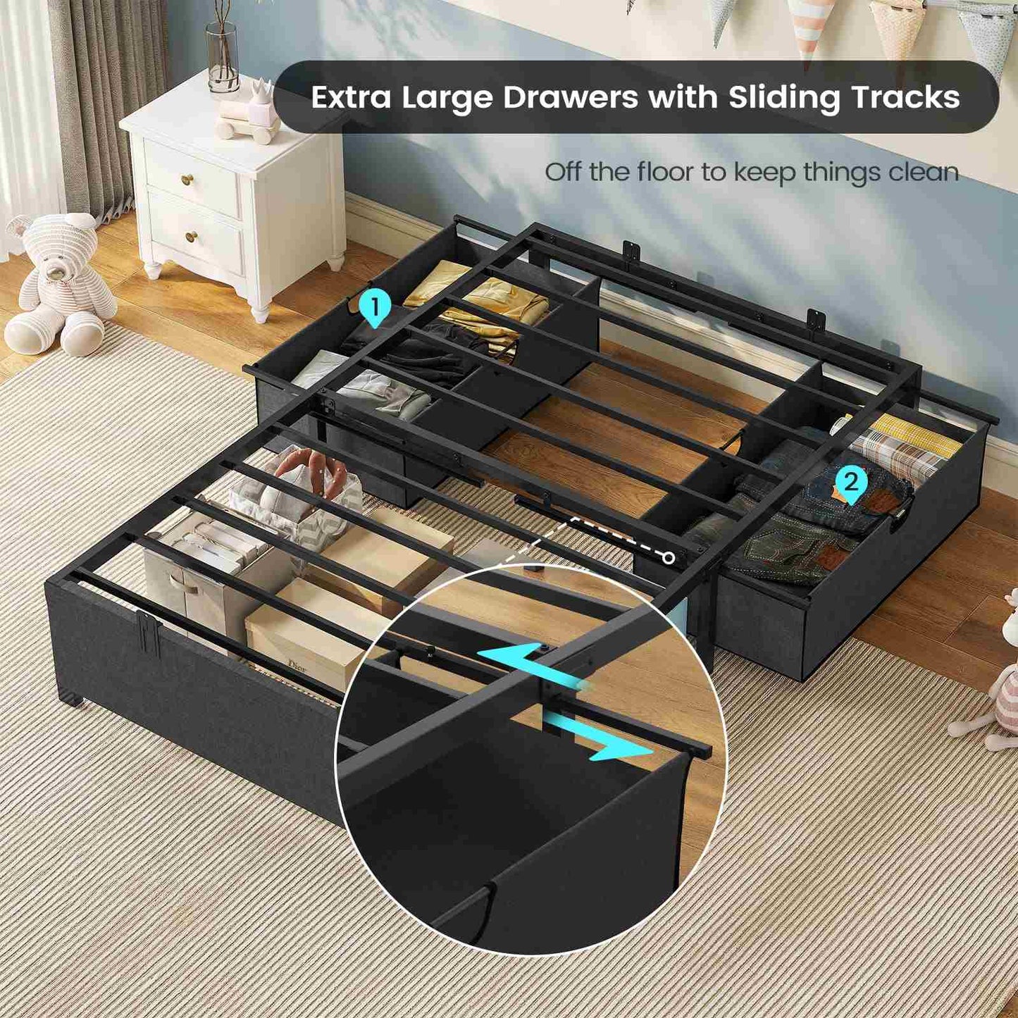 Twin Size Oxford Fabric Bed Frame with 2 Drawers Dark Grey