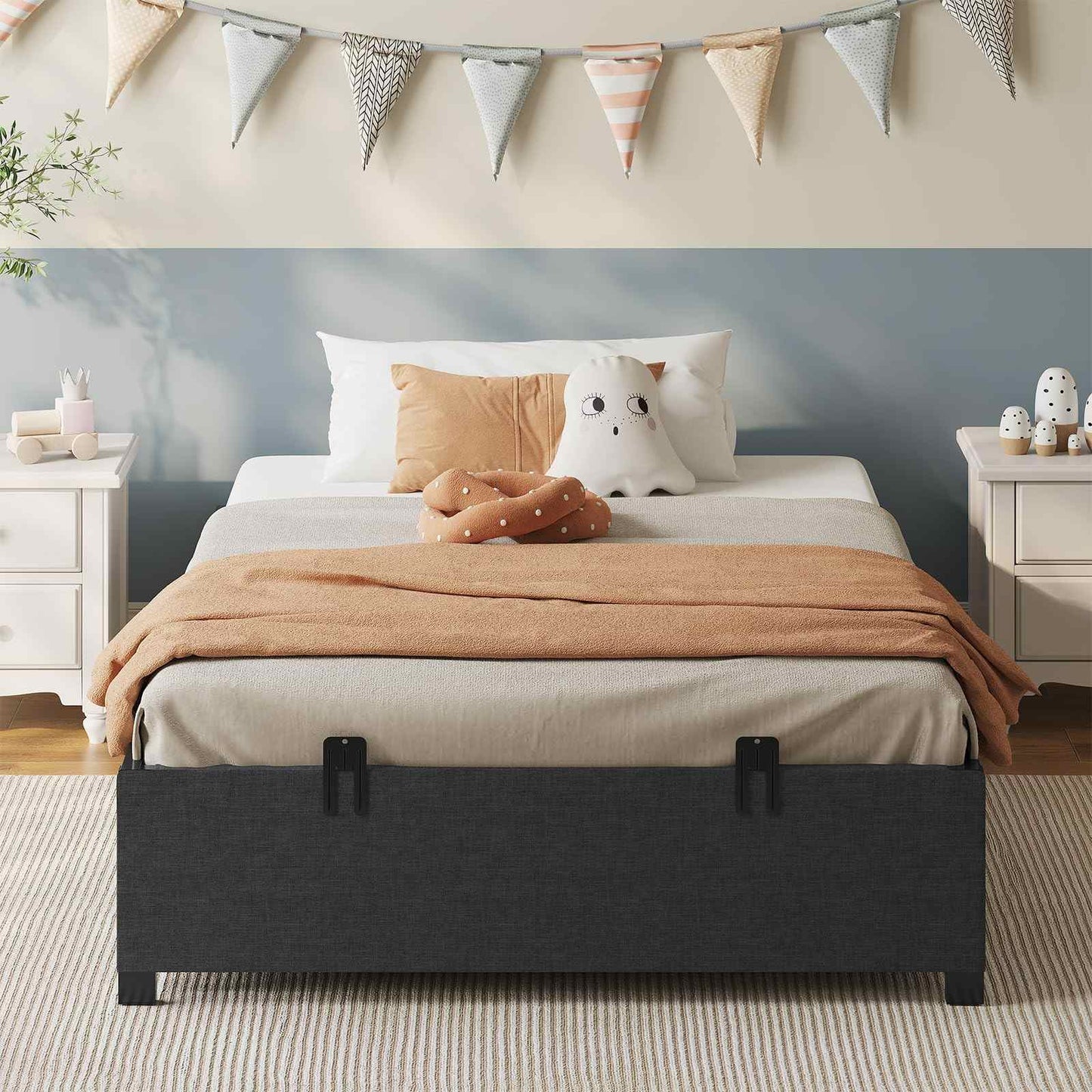 Twin Size Oxford Fabric Bed Frame with 2 Drawers Dark Grey