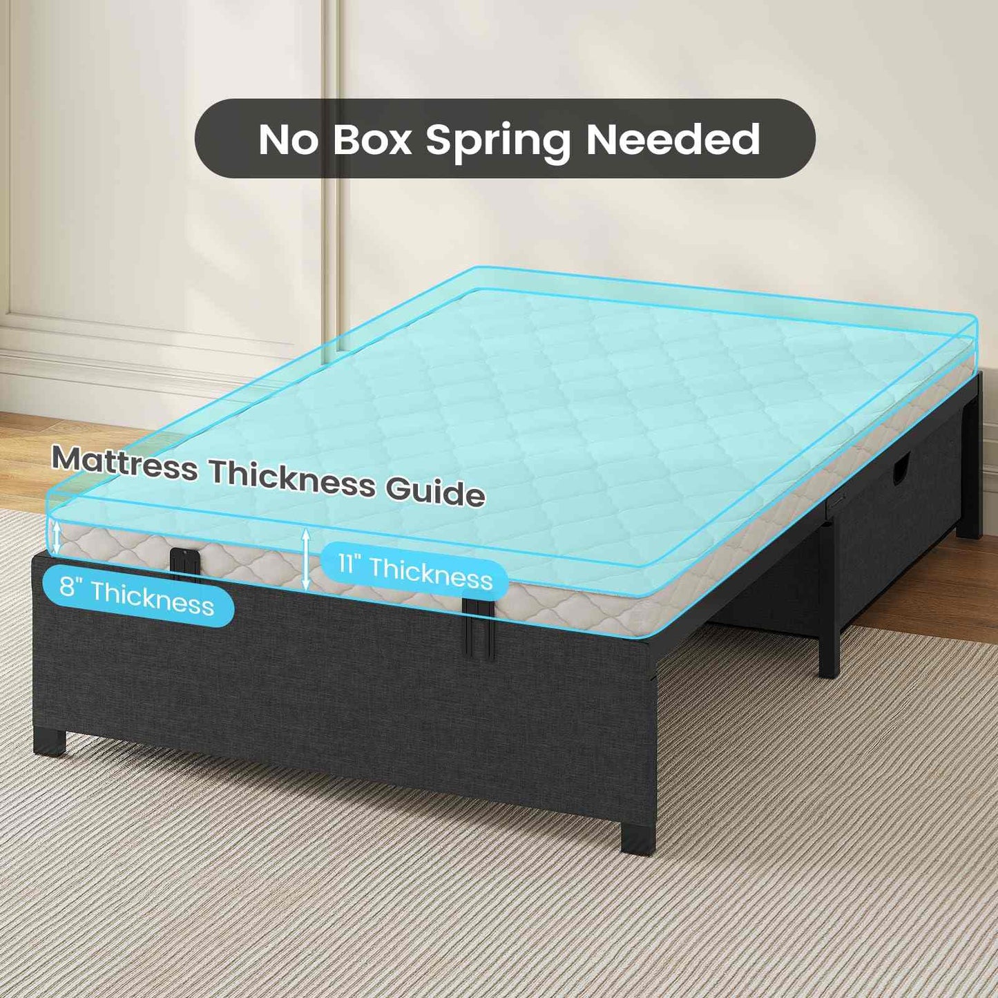 Twin Size Oxford Fabric Bed Frame with 2 Drawers Dark Grey