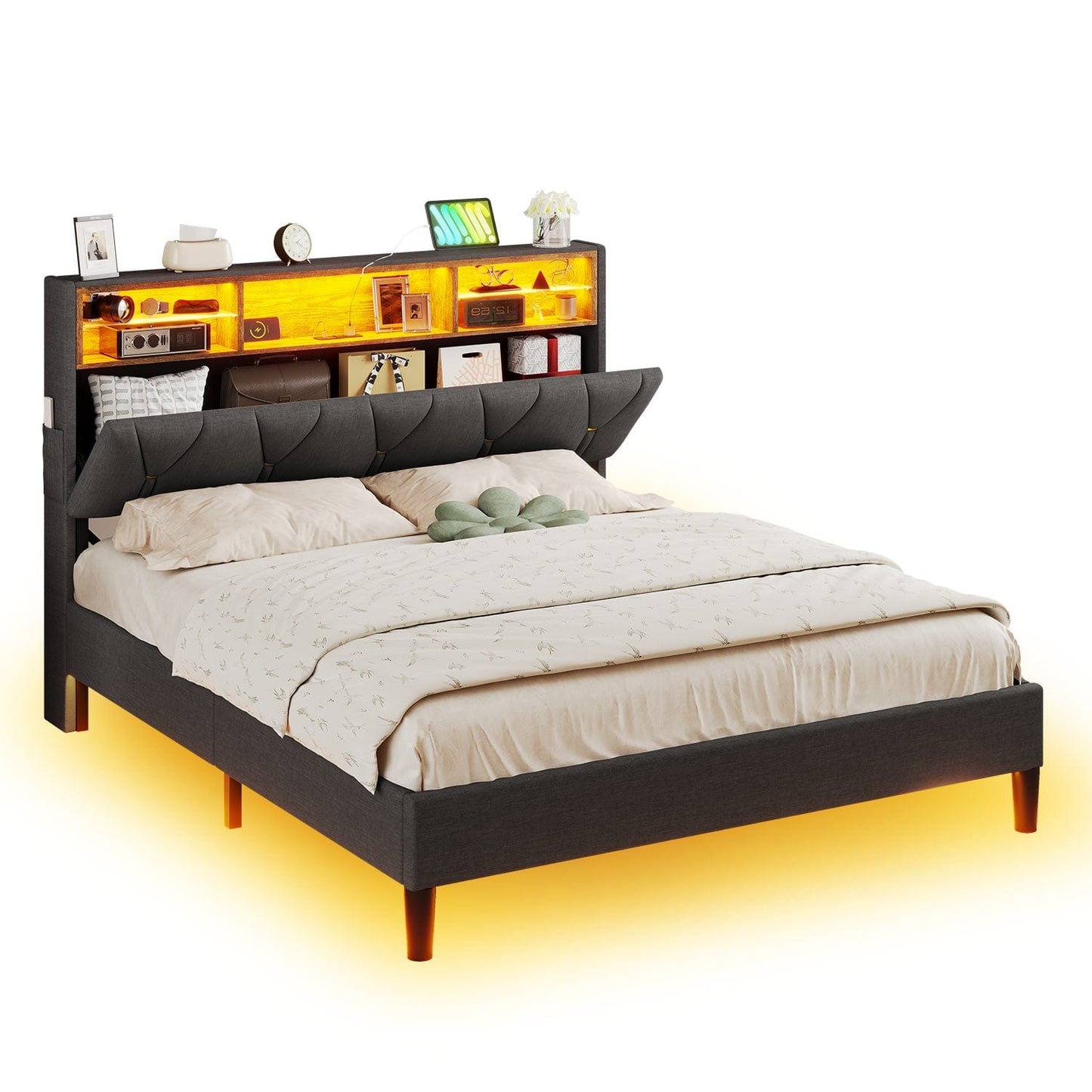 LED Queen Size Bed Frame with Storage Headboard Grey