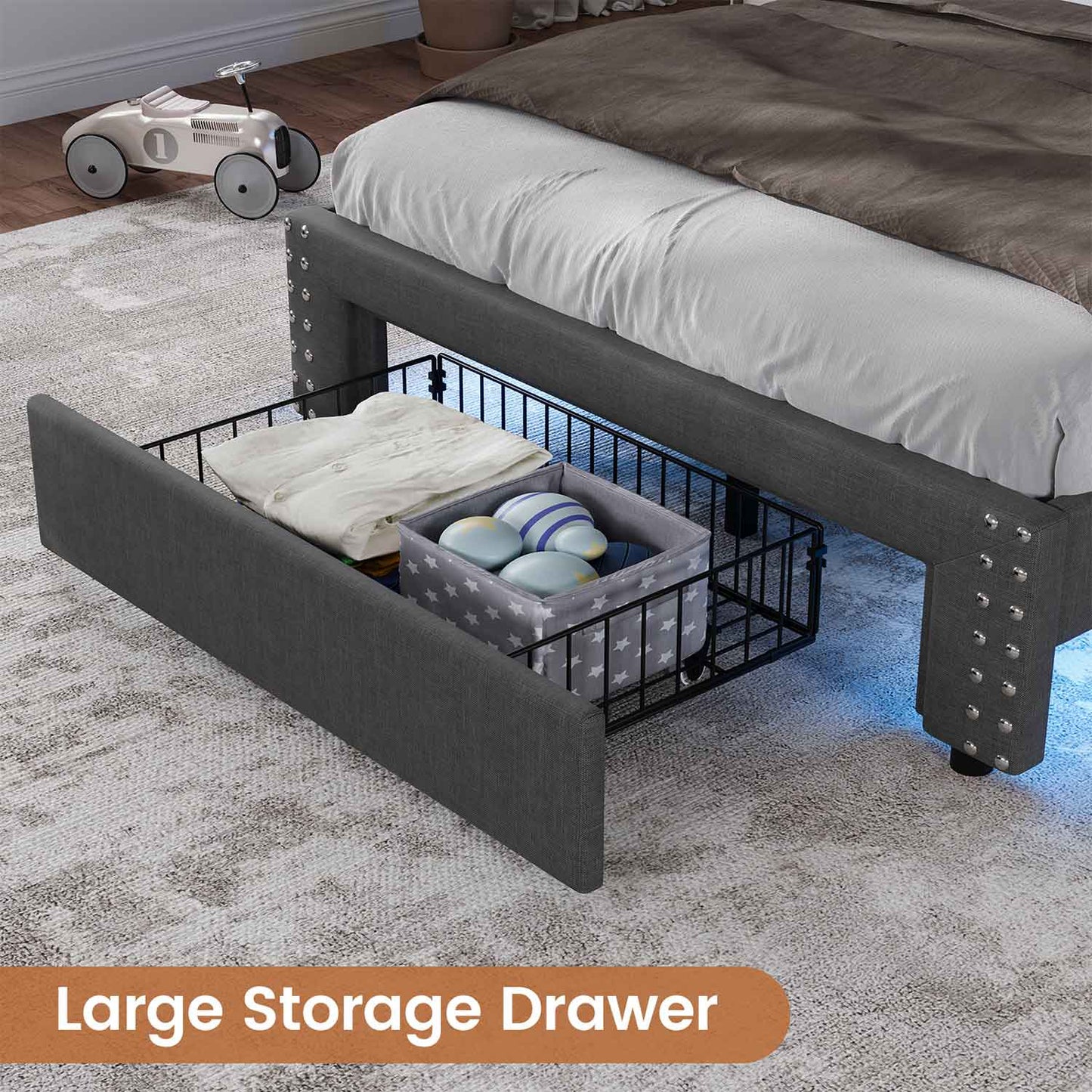 Twin Size Upholstered LED Bed Frame Dark Grey