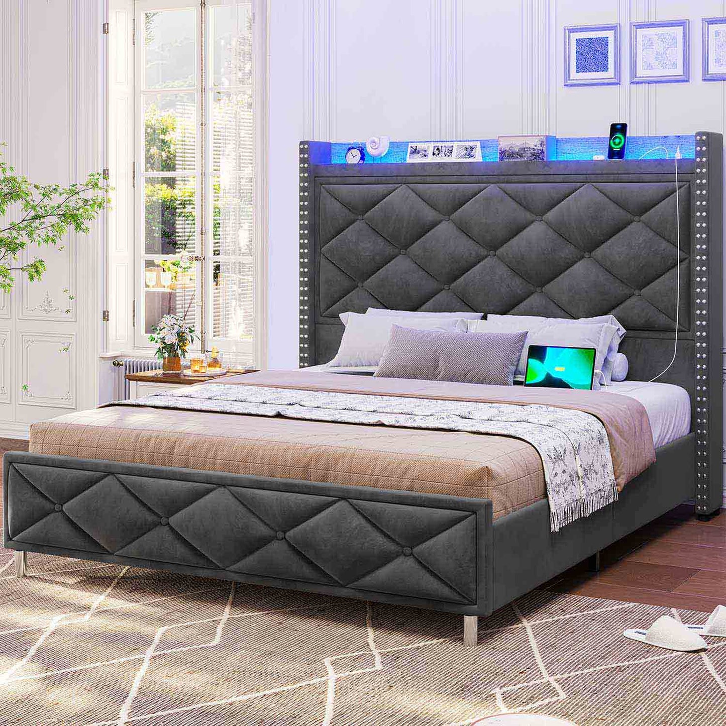 Velvet Upholstered Bed Frame with Tall Headboard Dark Gray