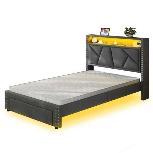 Twin Size Upholstered LED Bed Frame Dark Grey