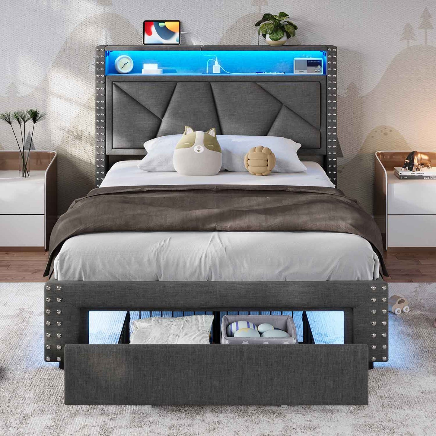 Twin Size Upholstered LED Bed Frame Dark Grey