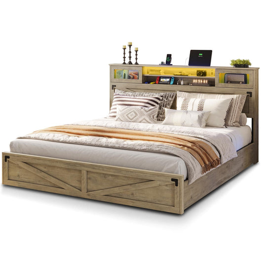 LED Bed Frame with 2 Under Bed Storage Drawers Rustic Oak