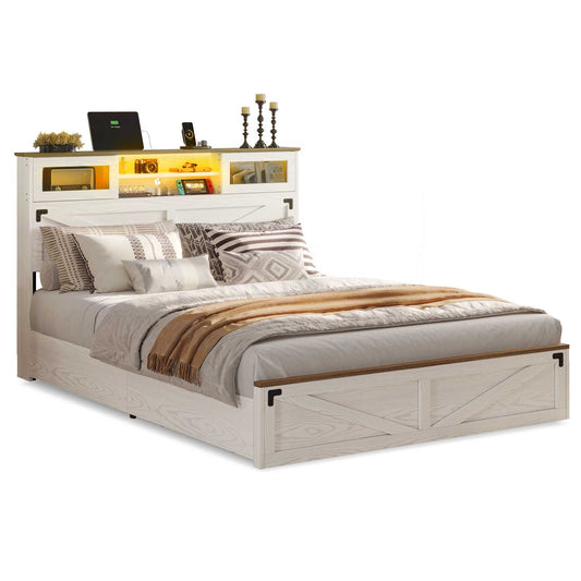 LED Bed Frame with 2 Under Bed Storage Drawers White