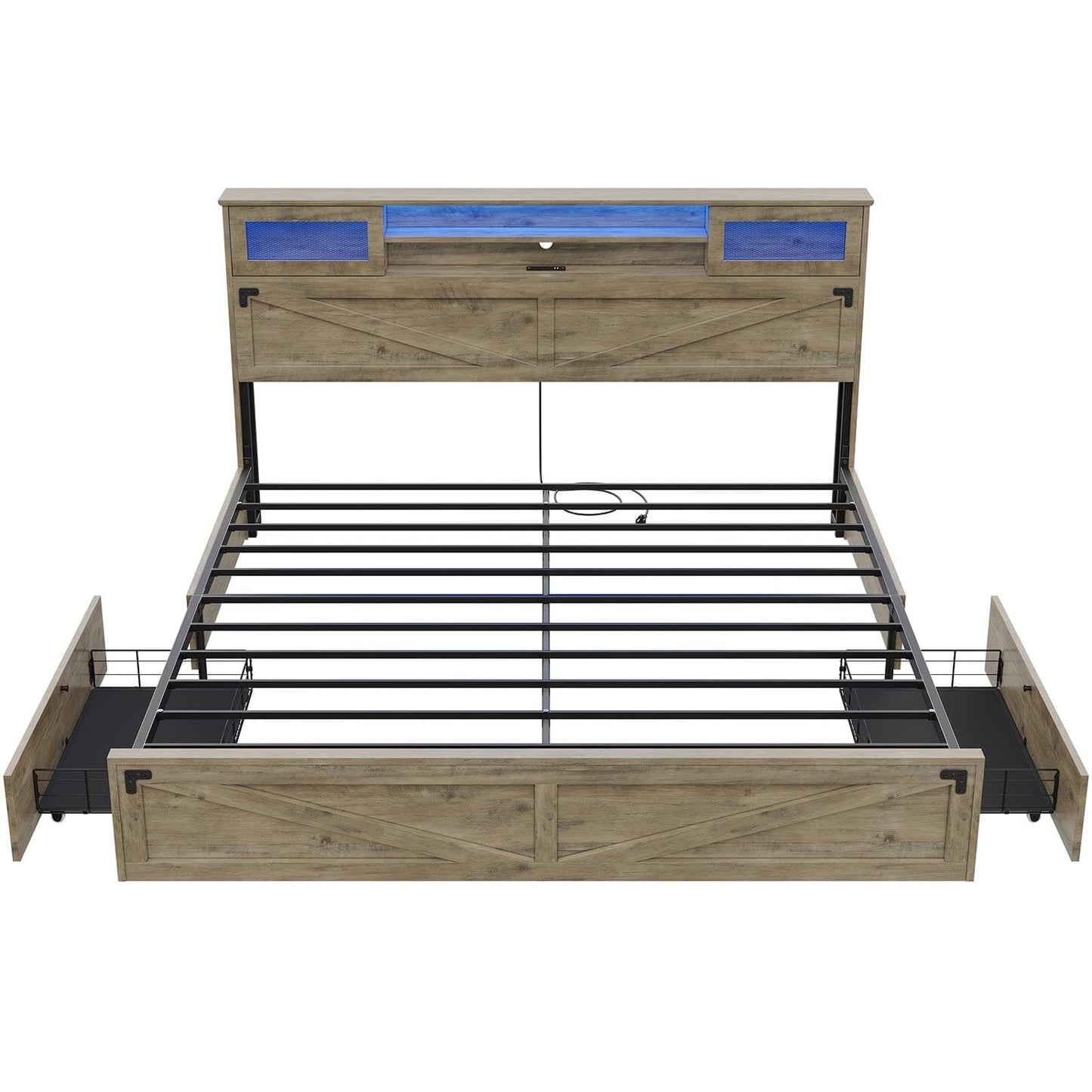 LED Bed Frame with 2 Under Bed Storage Drawers Rustic Oak