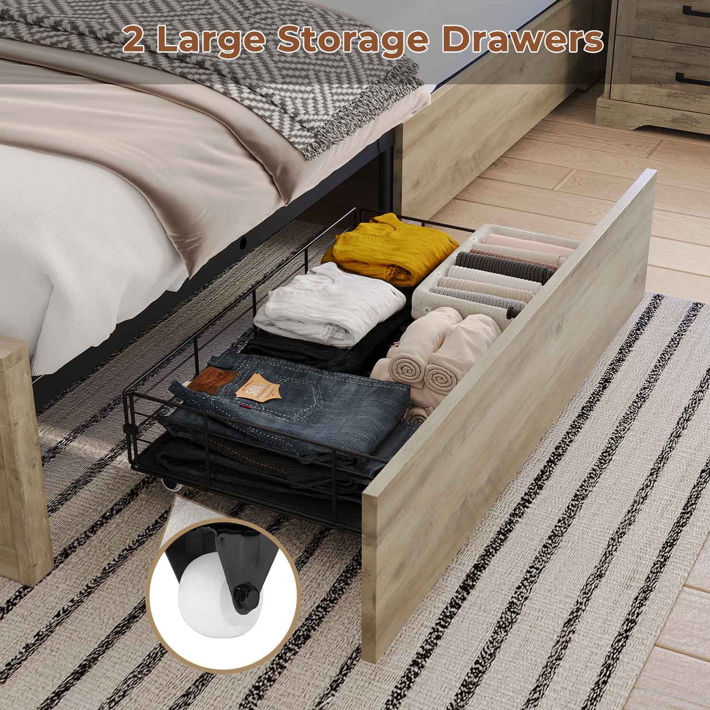 LED Bed Frame with 2 Under Bed Storage Drawers Rustic Oak