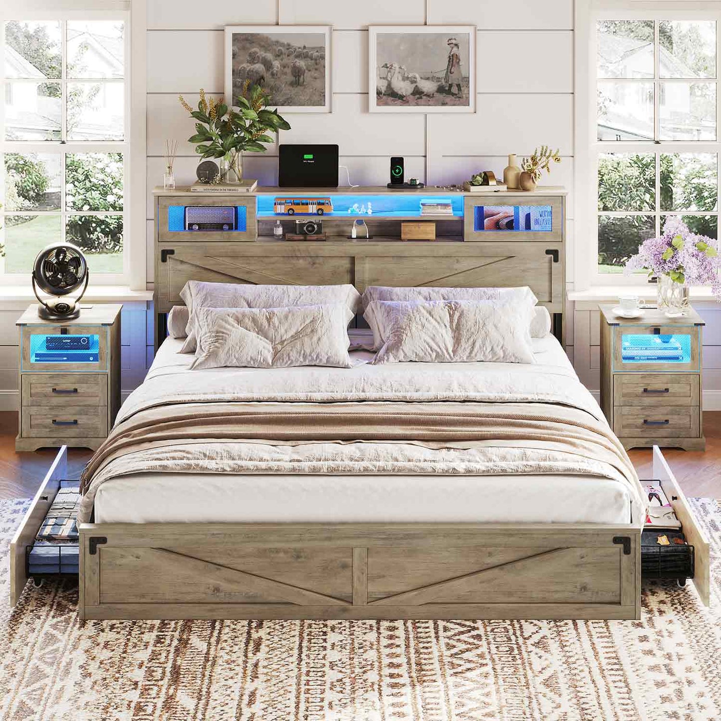 LED Bed Frame with 2 Under Bed Storage Drawers Rustic Oak