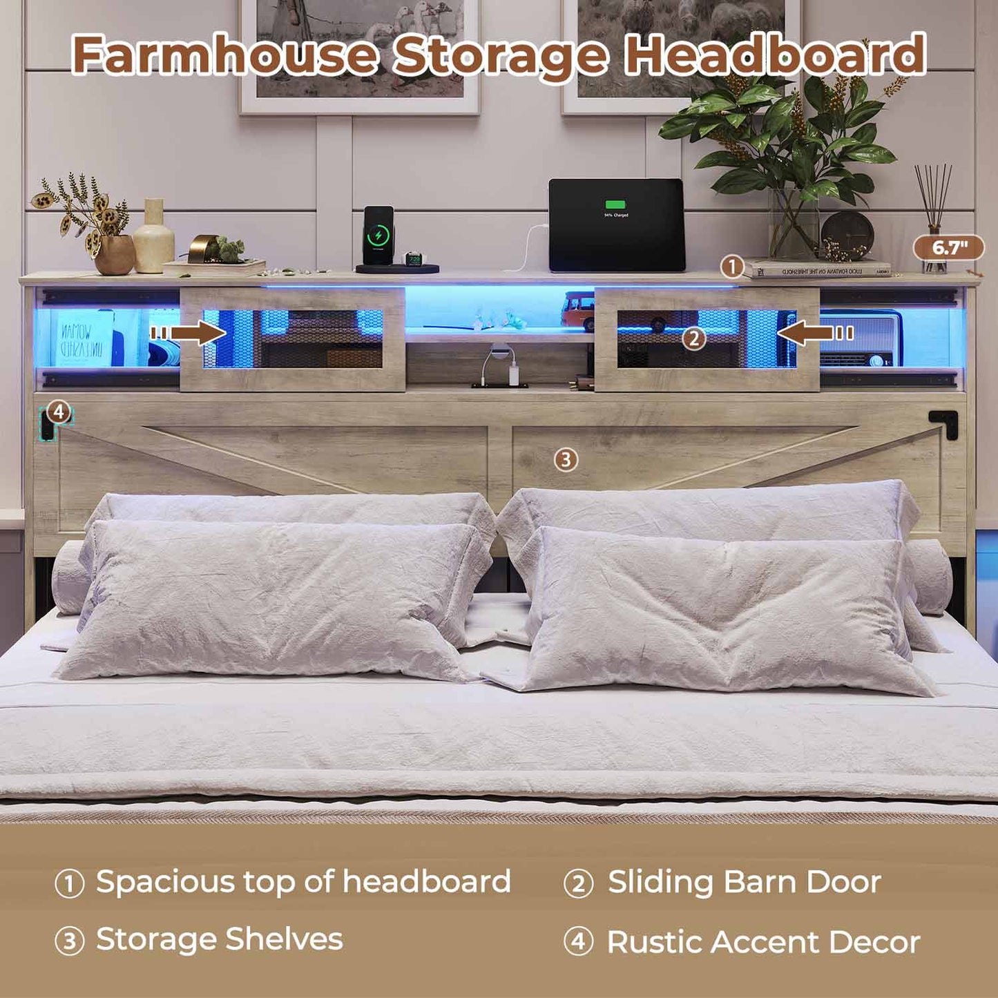 LED Bed Frame with 2 Under Bed Storage Drawers Rustic Oak
